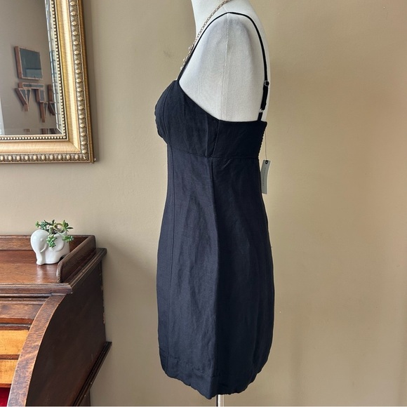 By Anthropologie Slim Mini Dress Black Linen Front Ring Cutout Size XS NWT - Picture 7 of 12